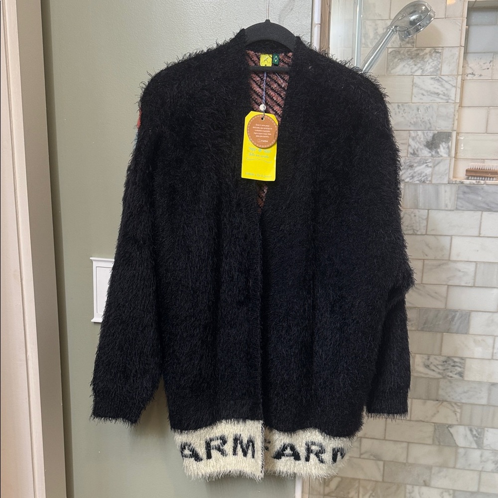 NWT FARM Rio Black and Cream Fuzzy Cardigan Small/Medium